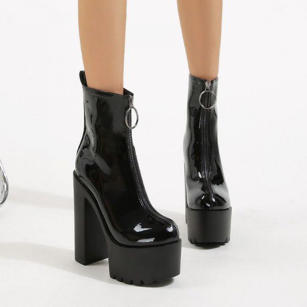 Lacquer leather super high heels women's autumn and winter short boots in large size 