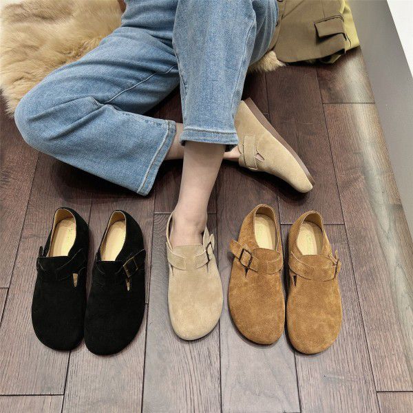 Boken shoes, women's genuine leather, autumn and winter new French lazy person, one foot soft sole, retro outer wear, casual single shoes 