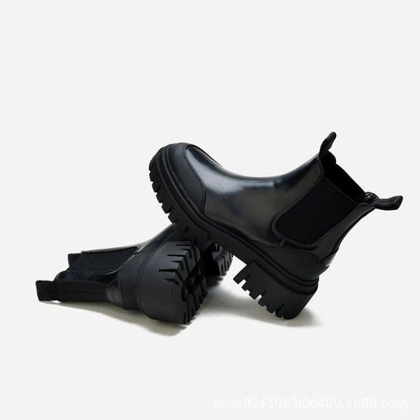 Seasonal Women's Shoes Black Thick Sole Heightened Dark Martin Elastic Chimney Boots English Style Flat Bottom Short Boots 
