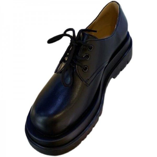 English style small leather shoes with round toe tie up and thick sole, high heel, handsome and versatile Korean version single shoe for women 