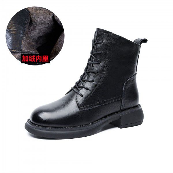 Autumn/Winter Vintage British Martin Boot Top Layer Cowhide Side Zipper Strap Women's Boot Slim Soft Short Boots 