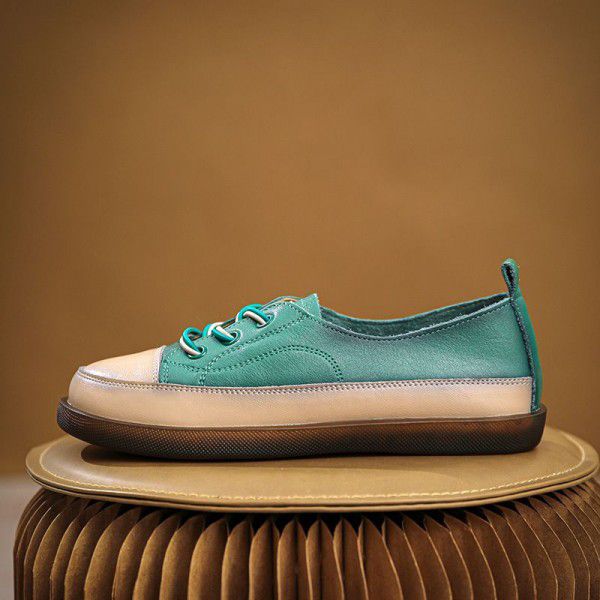 New Vintage Genuine Leather Flat Sole Women's Shoes Soft Sole Colored Casual Shoes Cow Rib Sole Women's Single Shoes 