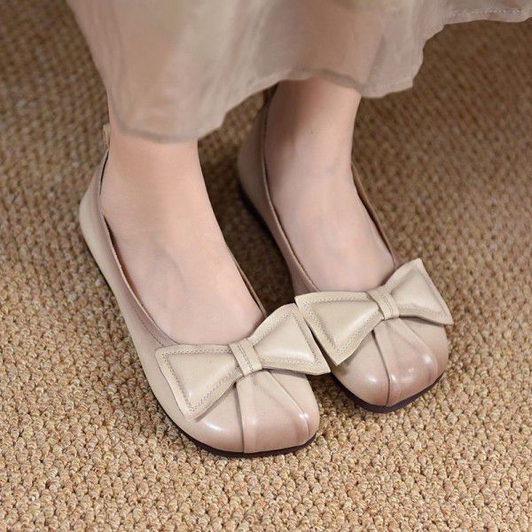 Literary Forest Women's Small Fresh Single Shoes Women's Comfortable Soft Sole Soft Top Women's Shoes Bow Shallow Oral Layer Cowhide Shoes Versatile 
