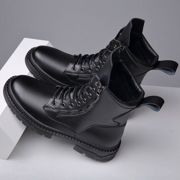 Fashion Trend Men's Martin Boots Casual Lace up Side Zipper Military Boots High cut Genuine Leather Round Toe Roman Style Men's Boots 