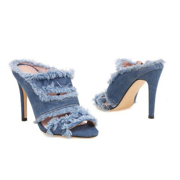 Thin Heel High Heel Women's Shoes Blue Denim 