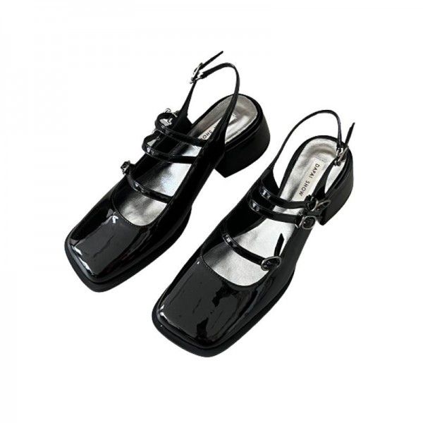 Thick Heel Baotou Mary Jane Shallow Mouth Single Shoes Women's High Heels Square Toe Strap Summer Sandals 