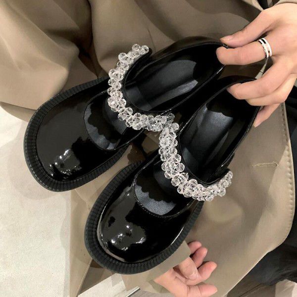 Spring New White Big Head Shoes Women's Japanese Small Leather Shoes Round Head Thick Heels Single Shoes Retro Water Diamond Mary Jane Shoes 
