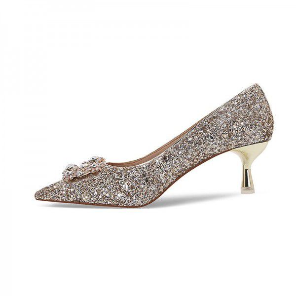 New Summer Crystal High Heels Wedding Shoes Black Professional Work Shoes Formal Water Diamond Square Button Women's Single Shoes 