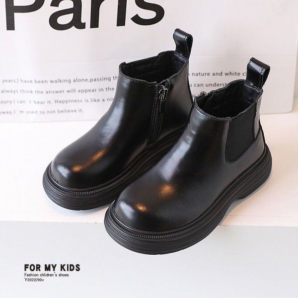 Autumn New Children's Shoes Girls' English Style Genuine Leather Martin Boots Children's Black Low Barrel Short Boots Boys' Leather Boots 
