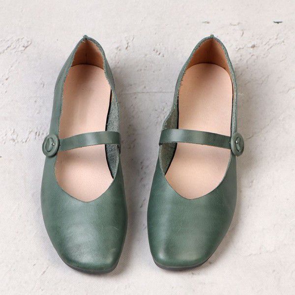 Genuine leather flat sole single shoe women's soft leather Mary Jane shoes Sen series retro square toe shallow cut cowhide literary women's shoes 
