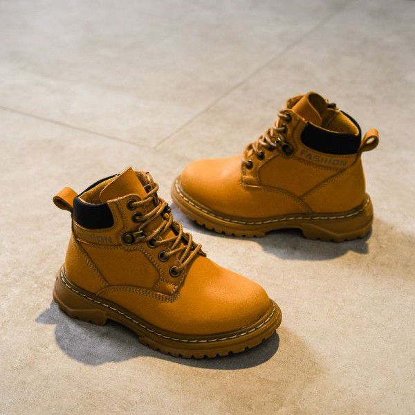 Genuine Leather Children's Boots New Autumn Boys' Single Boots Korean Version Fashion Girls' Short Boots Trend Children's Desert Yellow Boots 