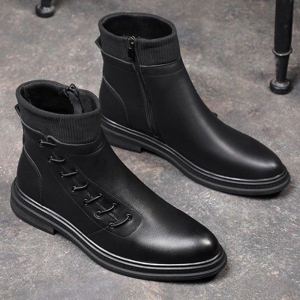 Chelsea boot British fashion men's shoes plush warmth men's Martin boots leather pointed boots men 