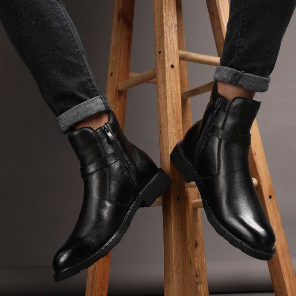Winter Soft Leather Men's English Short Boots with Cotton Boots Chelsea Large 