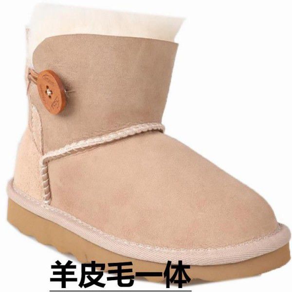 Children's snow boots, leather and fur integrated, parent-child pure sheepskin boots, thickened and warm wool for children and adults 
