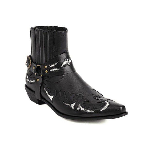 Autumn New Vintage Embroidery Short Boots Belt Buckle Elastic Belt Men's Leather Boots 