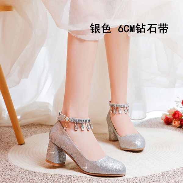 Silver single shoe women's dress with round toe high heels 