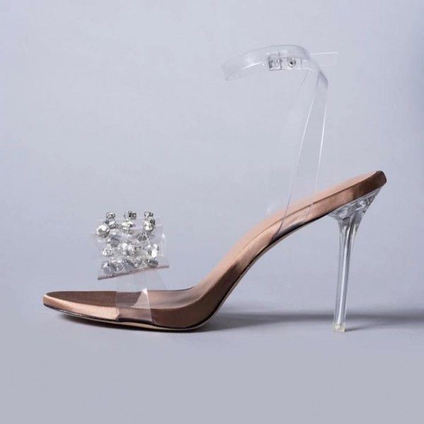 New round head bow water diamond transparent one line buckle high heels, fashionable and sexy sandals for women 